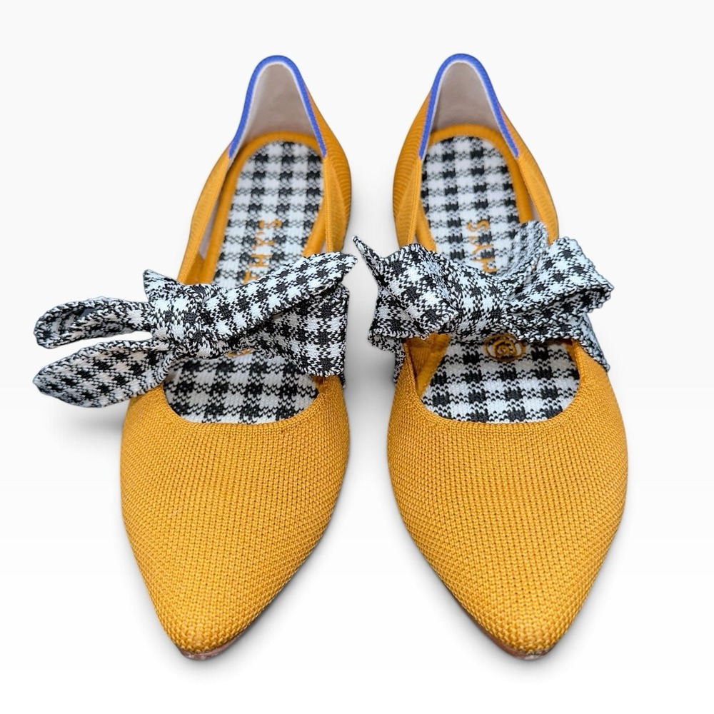 Rothy's The Mary Jane Golden Gingham Yellow Houndstooth Bow Flat Size 7 EU 37.5